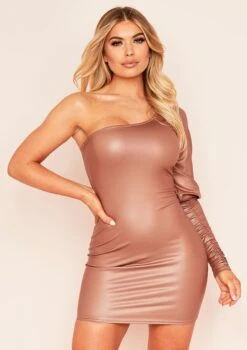 Aleena Brown One Shoulder PU Mini Dress
