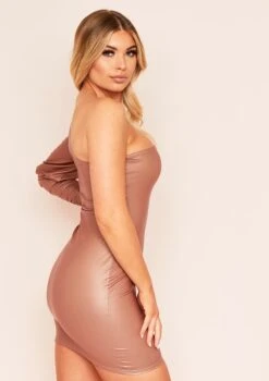 Aleena Brown One Shoulder PU Mini Dress -LA Dress Sales Store 08 01 201609 jpg