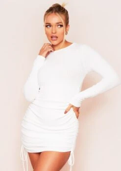 Lacey Cream Brushed Ribbed Ruched Side Mini Dress -LA Dress Sales Store 15 10 20 mary am0165 jpg