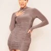 Kimmy Brown High Neck Extreme Ruched Front Thick Luxe Slinky Mini Dress -LA Dress Sales Store 15 10 20 mary pm0470 jpg
