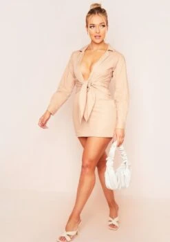 Amy Beige Tie Waist Plunge Mini Dress -LA Dress Sales Store 15 10 20 mary pm1033 jpg