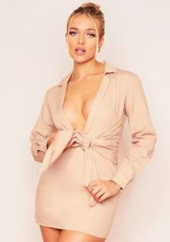 Amy Beige Tie Waist Plunge Mini Dress