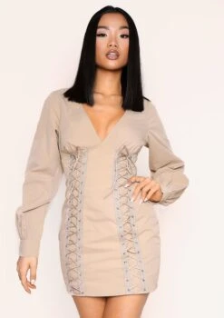 Ivana Beige Lace Up Detail Mini Dress