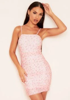 Ava Pink Ditsy Floral Print Mesh Ruched Bodycon Dress