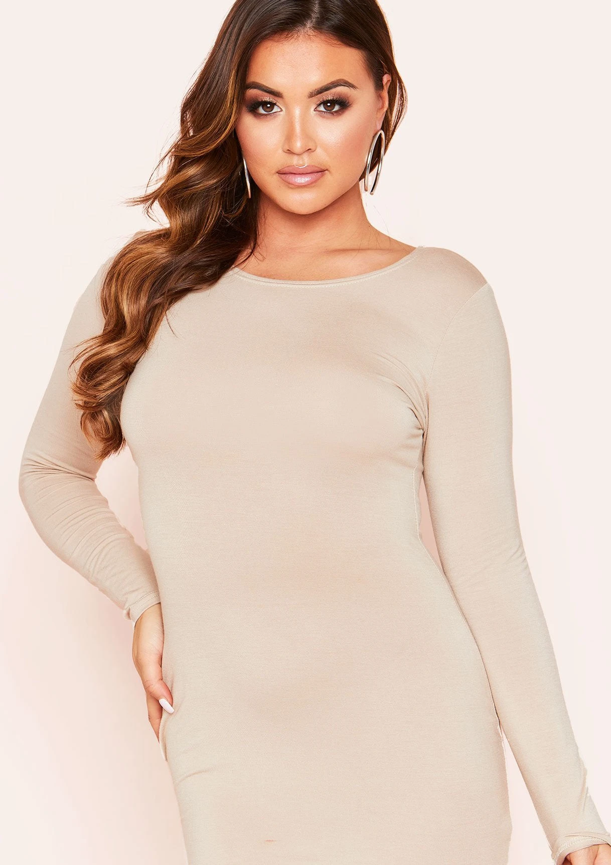 Lexi Beige Long Sleeve Basic Jersey Mini Dress 4 Lexi Beige Long Sleeve Basic Jersey Mini Dress - Image 2