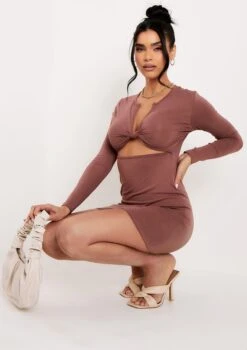 Charlotte Mocha Long Sleeve Knot Front Cut Out Mini Dress -LA Dress Sales Store 23rd march ecom1745 jpg 82d6837f 6991 495b 9823 201db8a02a6a