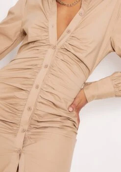Lucia Beige Ruched Front Mini Shirt Dress -LA Dress Sales Store 27 04 21 molly pm3726 jpg