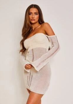 Jordyn Cream Ladder Knit Off The Shoulder Mini Dress