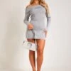 Kiara Grey Long Sleeve Off The Shoulder Knitted Dress -LA Dress Sales Store ME150G ME8232S 8011
