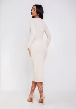 Anfisa Beige Ribbed Plunge Midi Dress -LA Dress Sales Store ME6351BE 23225