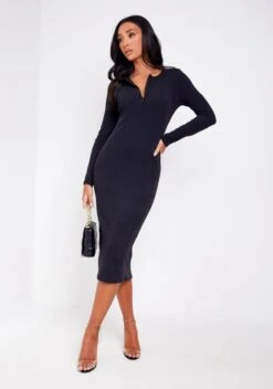 Anfisa Black Ribbed Plunge Midi Dress -LA Dress Sales Store ME6351B 23324