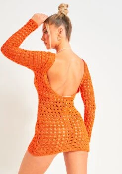 Valerie Orange Low Back Crochet Beach Dress Cover Up -LA Dress Sales Store ME6929O 1367