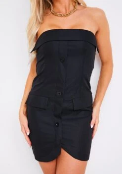 Kiera Black Tailored Button Front Mini Dress -LA Dress Sales Store ME7287 68579