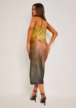 Trisha Olive Print Satin Print Cowl Midi Dress -LA Dress Sales Store ME7503 16695