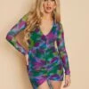 Zenyna Cobalt Printed Mesh Overlay Ruched Long Sleeve Mini Dress