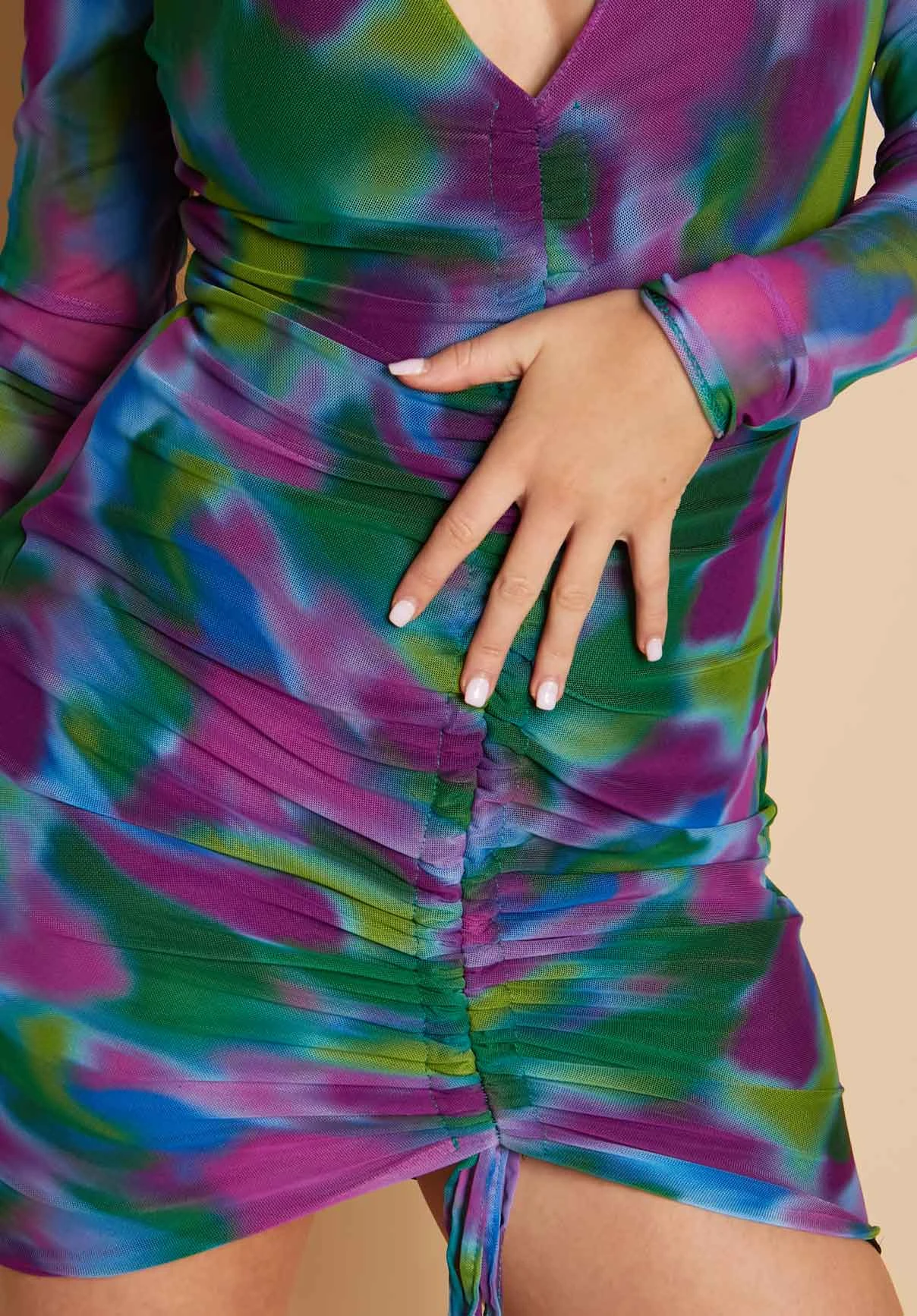 Zenyna Cobalt Printed Mesh Overlay Ruched Long Sleeve Mini Dress 4 Zenyna Cobalt Printed Mesh Overlay Ruched Long Sleeve Mini Dress - Image 2