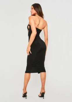 Lara Black Double Layer Slinky Bandeau Dress With Cut Out Button Detail -LA Dress Sales Store ME7649 22
