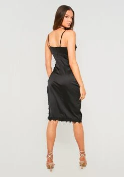 Lucie Black Satin Midi Dress With Lace Split -LA Dress Sales Store ME7650 10