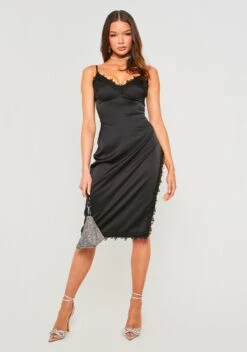 Lucie Black Satin Midi Dress With Lace Split -LA Dress Sales Store ME7650 7
