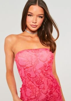 Gigi Pink Lace Print Dip Hem Bandeau Slinky Dress -LA Dress Sales Store ME7657 38
