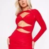 Marilyn Red Long Sleeve Slinky Dress With Cut Outs