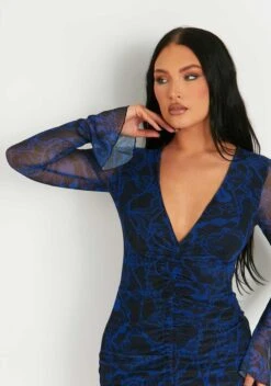 Aniyah Blue Mesh Long Flared Sleeve Front Ruched Mini Dress -LA Dress Sales Store ME7709 72 24167251 1442 451e 8173 47df898a1a00
