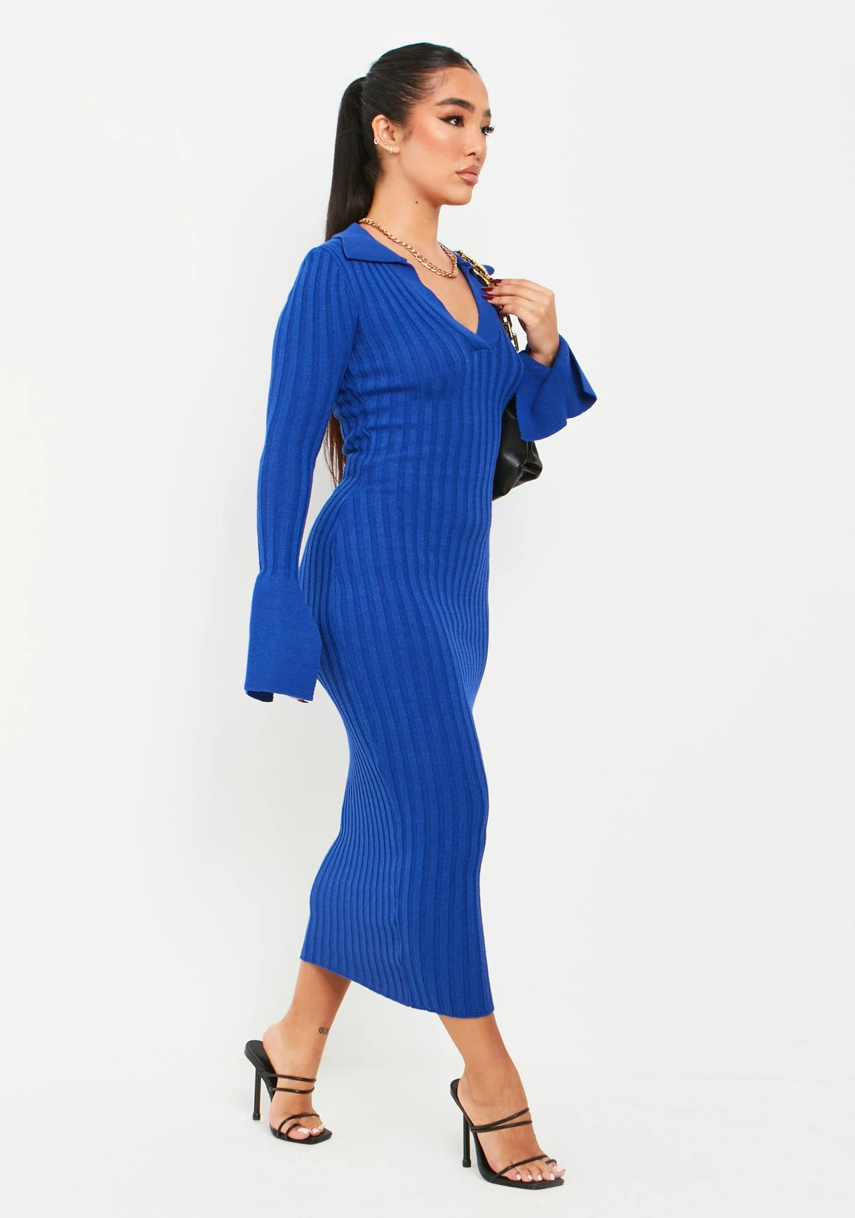 Maura Blue Knitted Collar Flared Sleeve Midi Dress 3 Maura Blue Knitted Collar Flared Sleeve Midi Dress