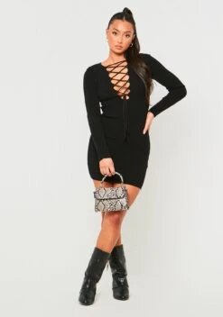 Janette Black Knitted Mini Dress With Tie Front 9 Janette Black Knitted Mini Dress With Tie Front -LA Dress Sales Store ME7750 1203