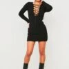 Janette Black Knitted Mini Dress With Tie Front -LA Dress Sales Store ME7750 1220