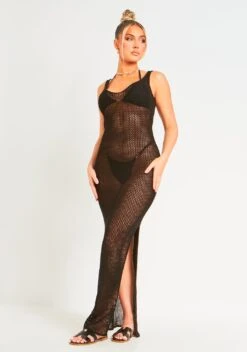 Lana Black Crochet Side Split Maxi Dress -LA Dress Sales Store ME7846 30766