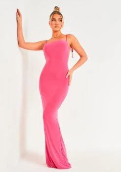 Daphne Pink Ruched Bum Backless Maxi Dress -LA Dress Sales Store ME7901 30497