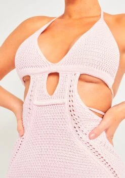 Harley Baby Pink Crochet Knit Halterneck Backless Mini Dress -LA Dress Sales Store ME7916P 30667