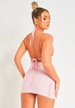 Harley Baby Pink Crochet Knit Halterneck Backless Mini Dress -LA Dress Sales Store ME7916P 30679