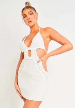 Harley Off White Crochet Knit Halterneck Backless Mini Dress -LA Dress Sales Store ME7916 0261