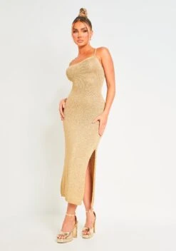 Skylar Gold Metallic Knit Midi Dress -LA Dress Sales Store ME7963 0179