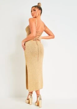 Skylar Gold Metallic Knit Midi Dress -LA Dress Sales Store ME7963 0223