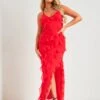 Cora Red Strappy Frill Maxi Dress