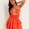 Mila Orange Shirred Waist Tiered Frill Halter Mini Dress -LA Dress Sales Store ME8106 0374