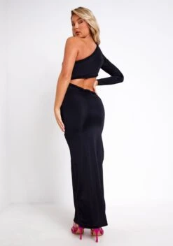 Ria Black One Shoulder Rope Detail Maxi Dress -LA Dress Sales Store ME8147 Bracelette 5738