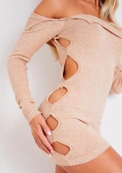 Mya Beige Knitted Bardot Cut Out Mini Dress -LA Dress Sales Store ME8149 66871