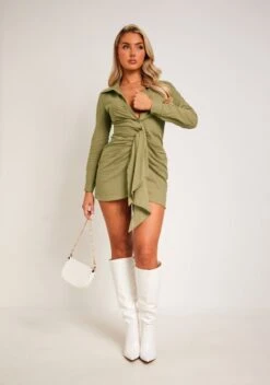 Rina Khaki Tie Front Ruched Shirt Dress -LA Dress Sales Store ME8186 7914 172678fb 16ea 4dce 85b9 bc40b43b23da