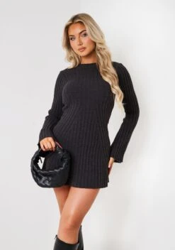 Harper Dark Grey Rib Knit Flare Mini Dress -LA Dress Sales Store ME8430DGR 0908