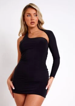 Mallory Black One Sleeve Slinky Mini Dress -LA Dress Sales Store ME8845 6254