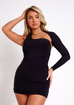 Mallory Black One Sleeve Slinky Mini Dress -LA Dress Sales Store ME8845 6256