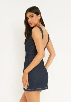 Giana Blue Denim Contrast Seam Mini Dress -LA Dress Sales Store denimdress 0759