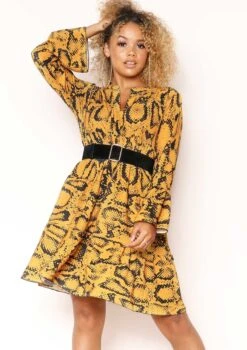 Clare Mustard Snake Print Smock Dress