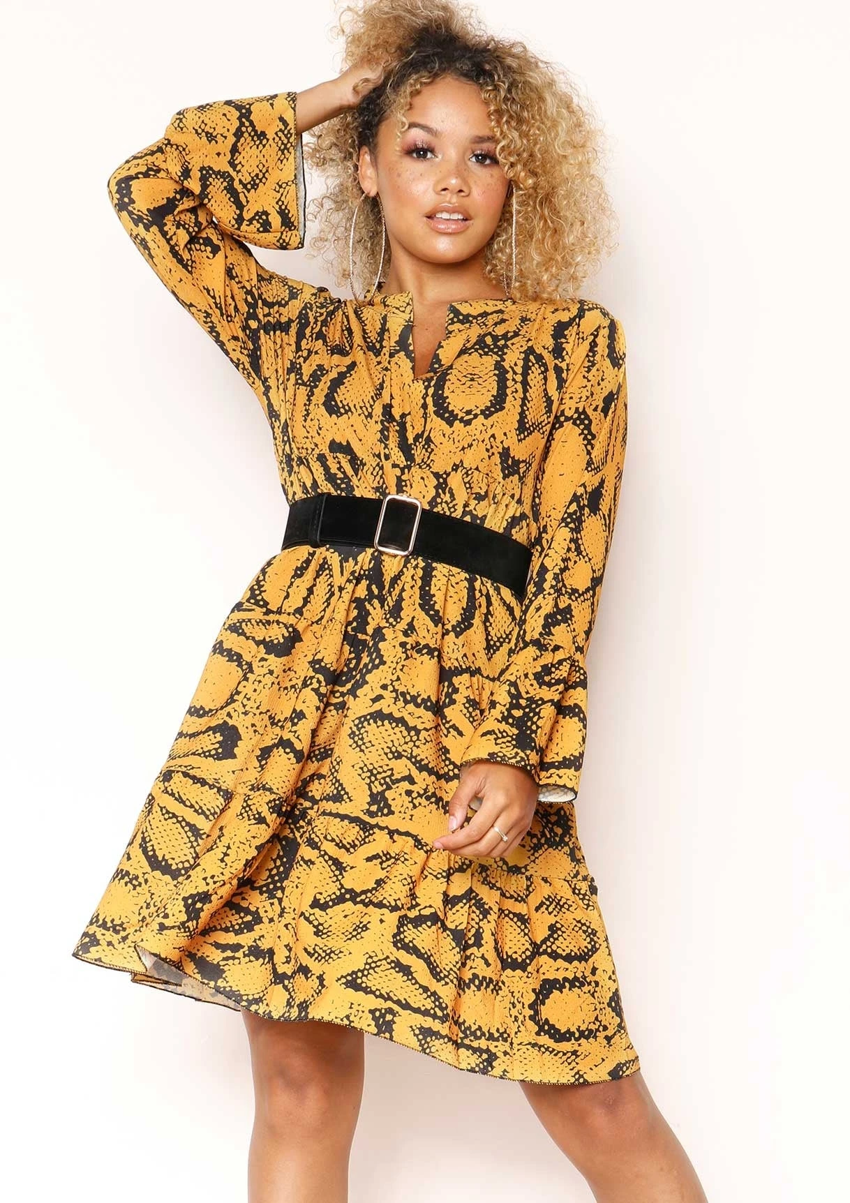 Clare Mustard Snake Print Smock Dress 3 Clare Mustard Snake Print Smock Dress