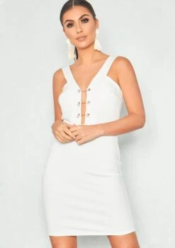 Caressa White Plunge Pearl Bar Bodycon Dress