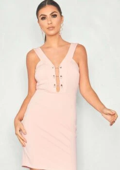 Caressa Pink Plunge Pearl Bar Bodycon Dress