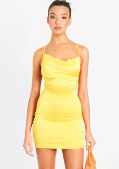 Aisha Bright Yellow Cowl Lace Up Back Mini Dress